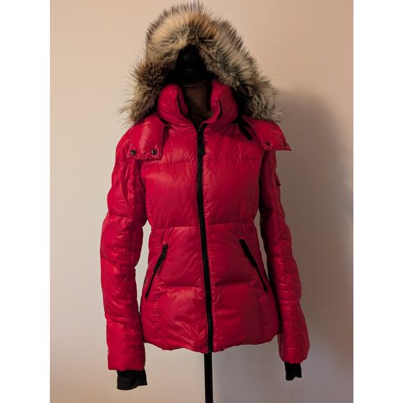 S13 NYC Kylie Glossy Quilted Red Down Puffer Ski Jacket Coat Faux Fur Hood Sz S - Picture 2 of 11